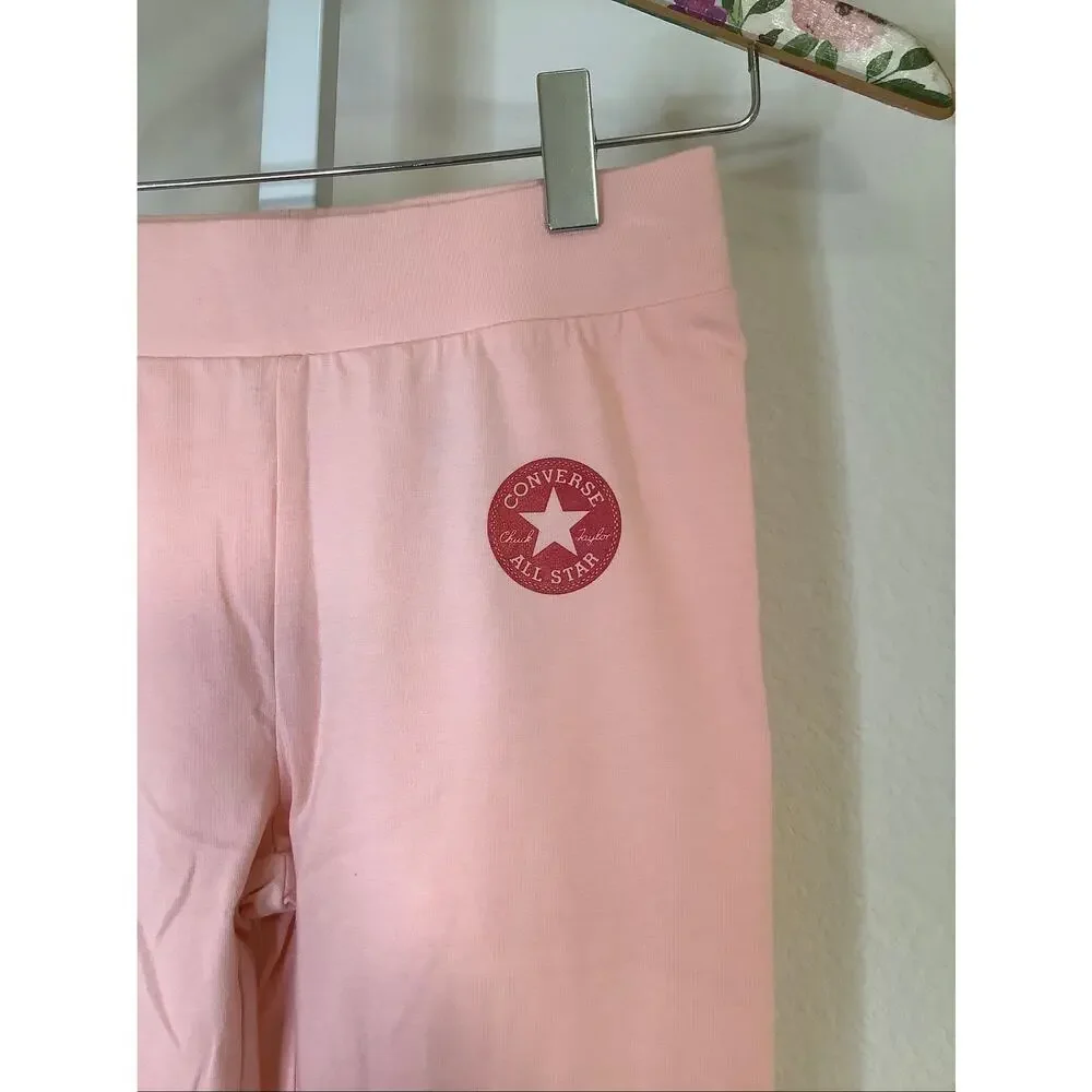 Converse Girls MD Storm Pink Logo Metallic Ink Print Leggings Streetwear U7-8